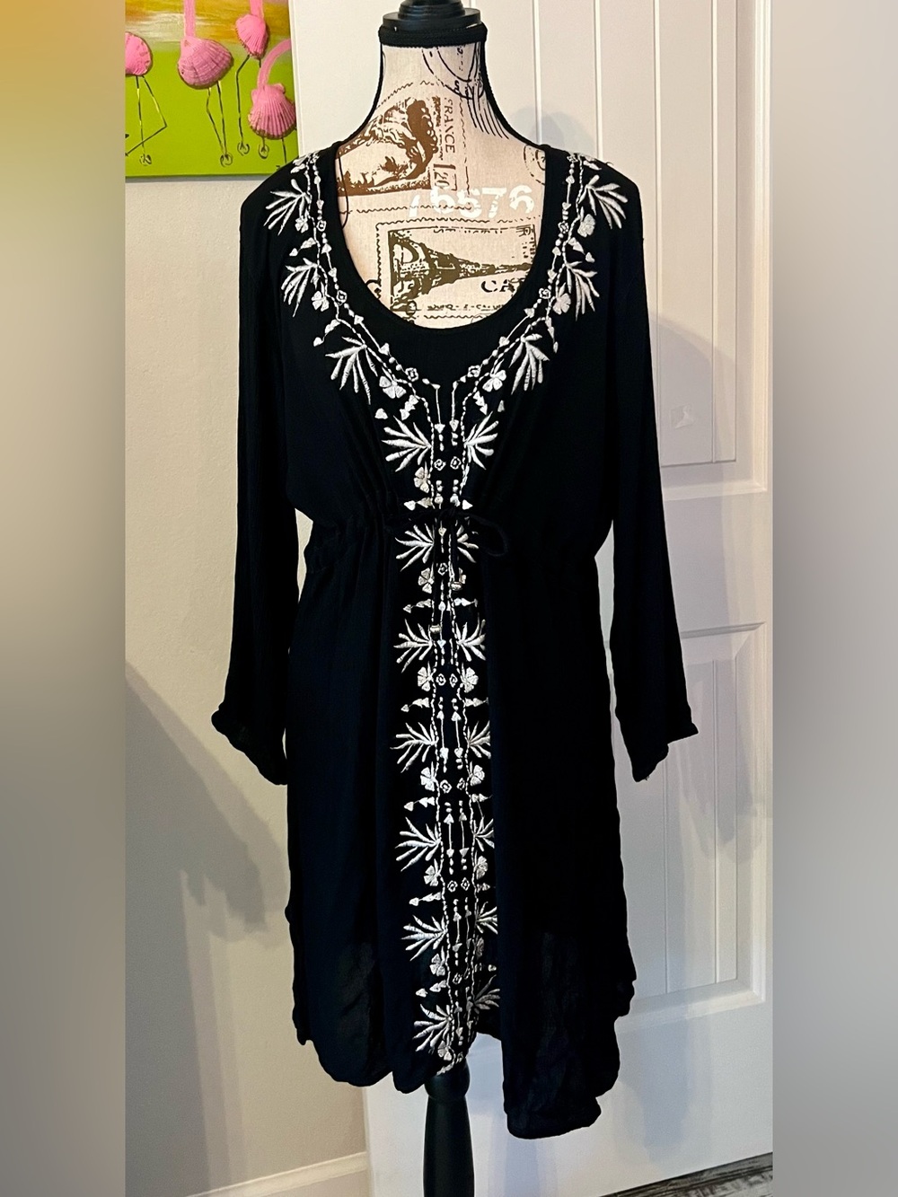 Raya Sun Black Embroidered Boho Peasant Dress Tunic Large